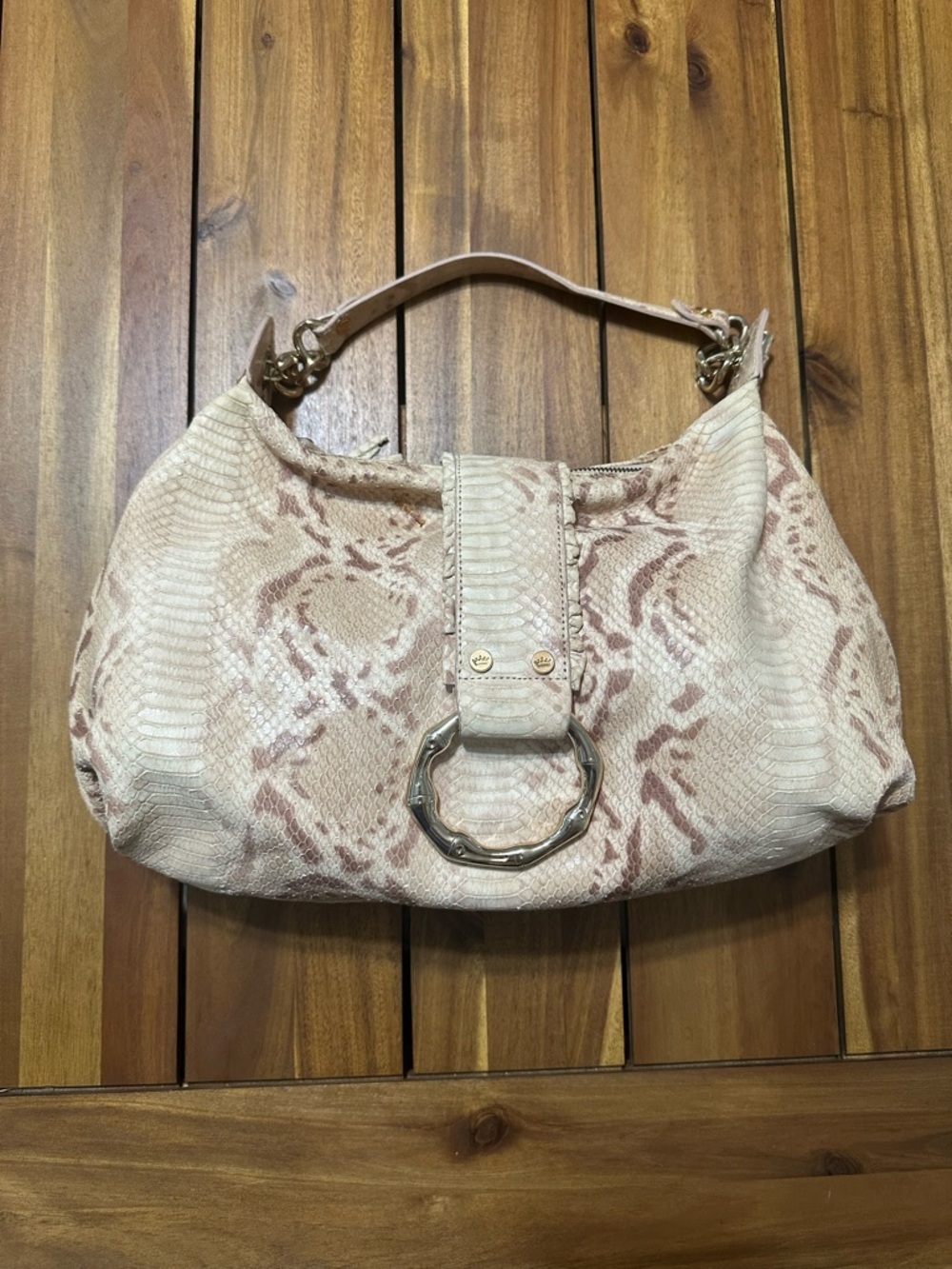 Elaine Turner Beige Leather Snake-Print Shoulder Bag with Gold Ring